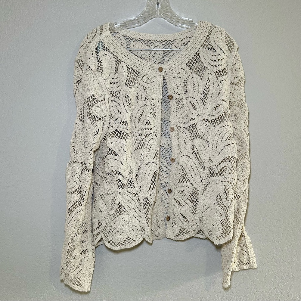 Women's Cream Crochet Button-Front Cardigan Jacket